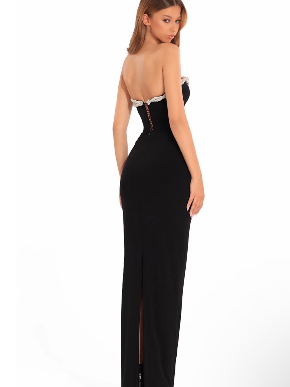 Strapless Black Evening Gown with Pearl-Embellished Sweetheart Neckline - Picture 2 of 3